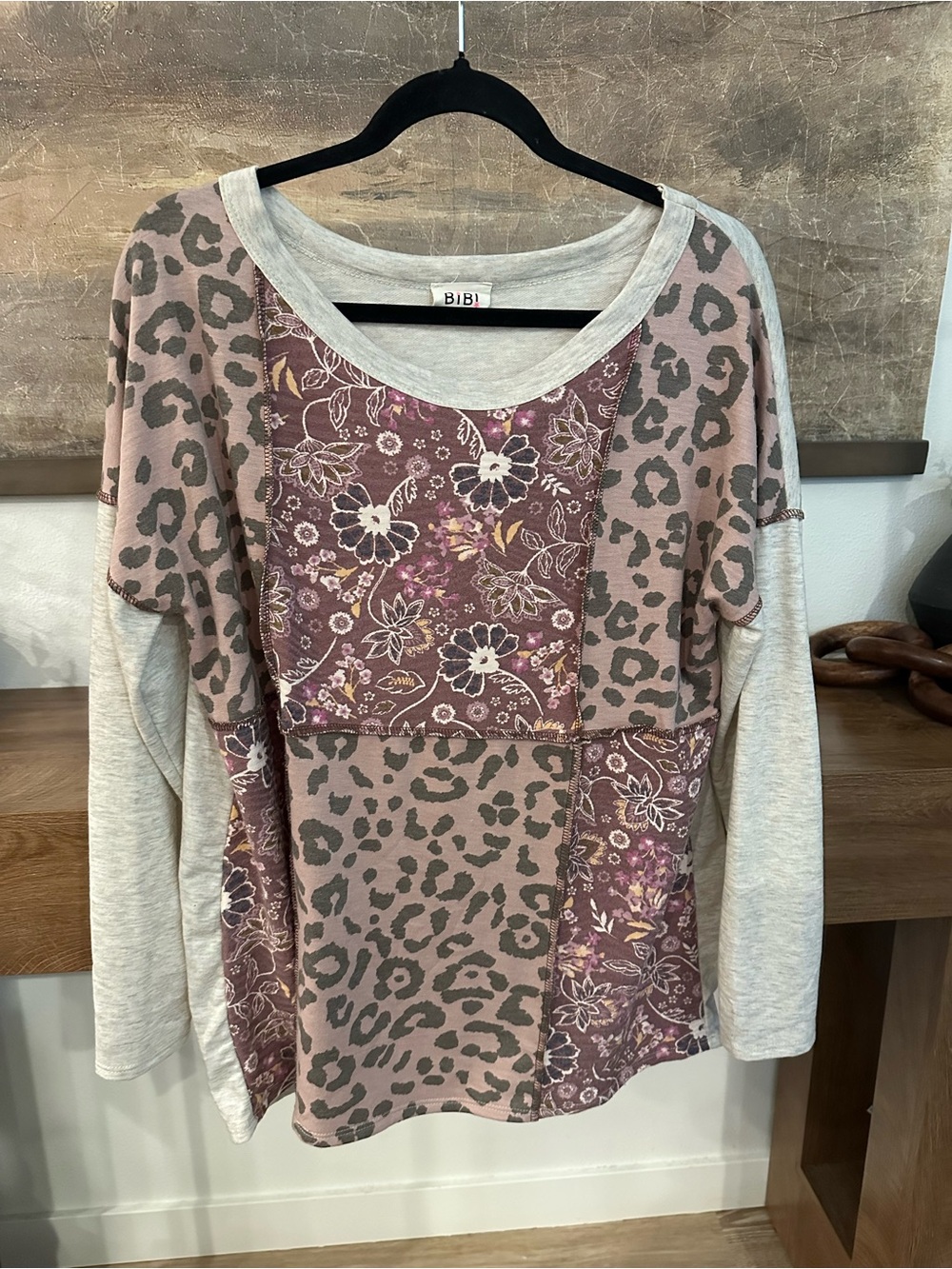 BiBi Mauve Patchwork Floral & Leopard Long-Sleeve Top with Cream Sleeves
